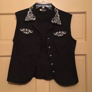 Christine Alexander Black Denim Vest Rhinestones Bejeweled Pockets